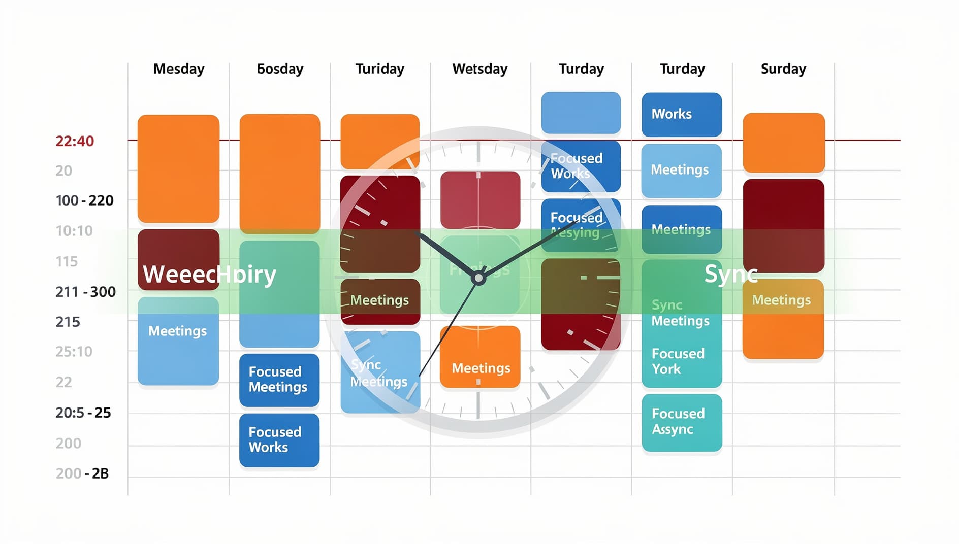 Illustrated calendar view with ceremony blocks color-coded as sync and async, a clock overlay showing overlap hours highlighted in green