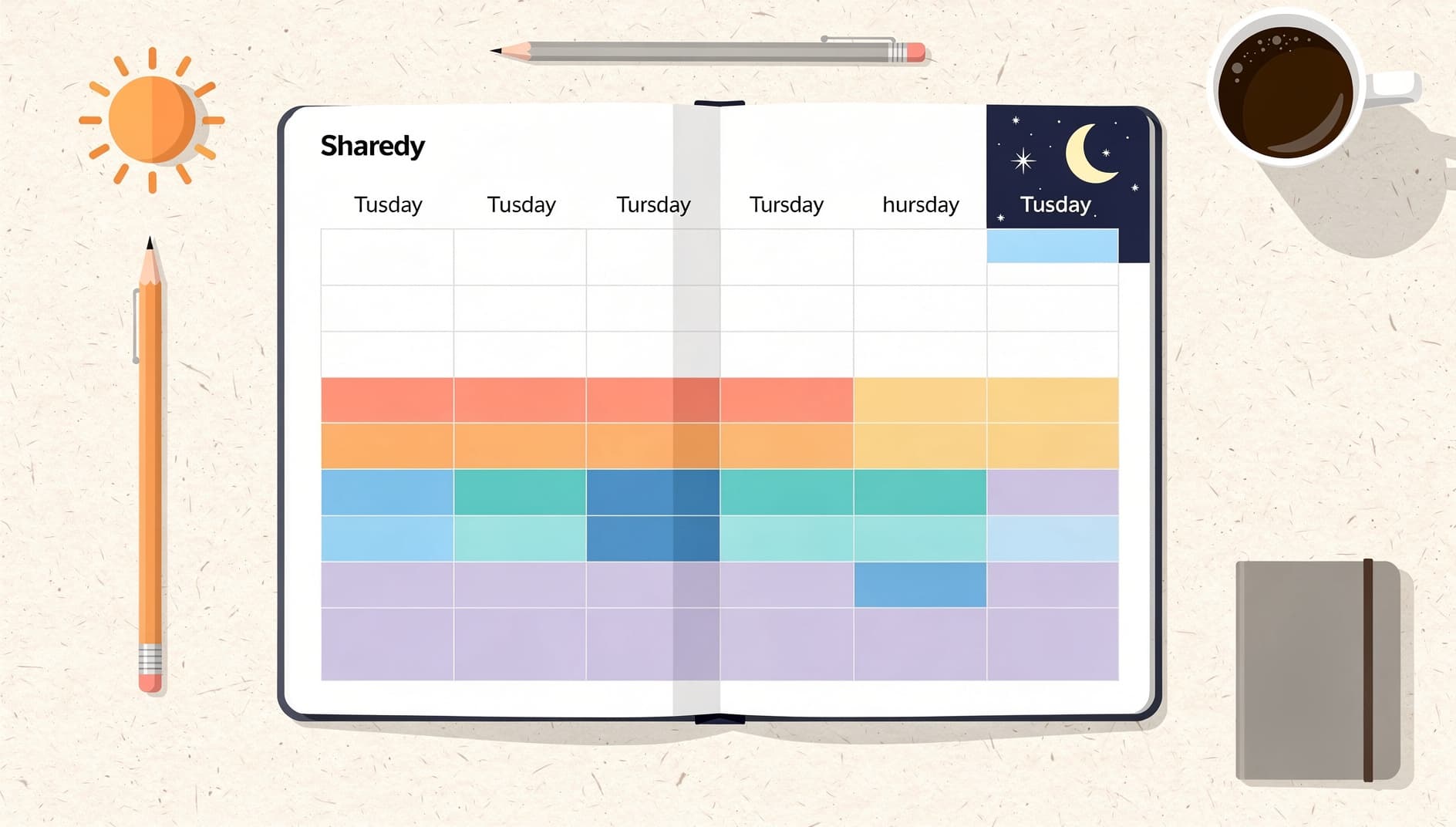 Illustrated weekly planner with sync meeting blocks in warm colors during overlap hours, and async task blocks in cool colors spread across the full day